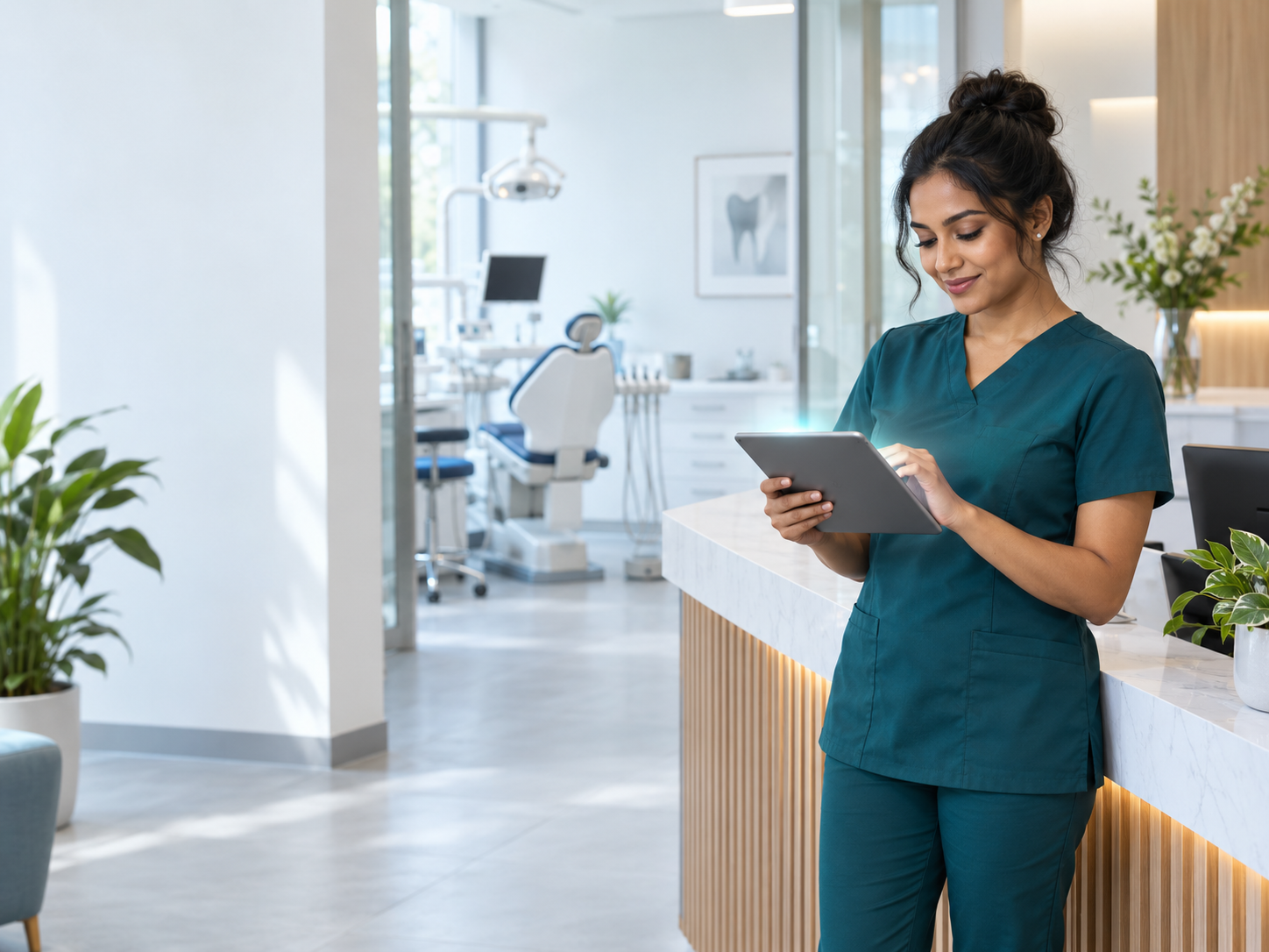 Dental clinic receptionist using a tablet at the front desk